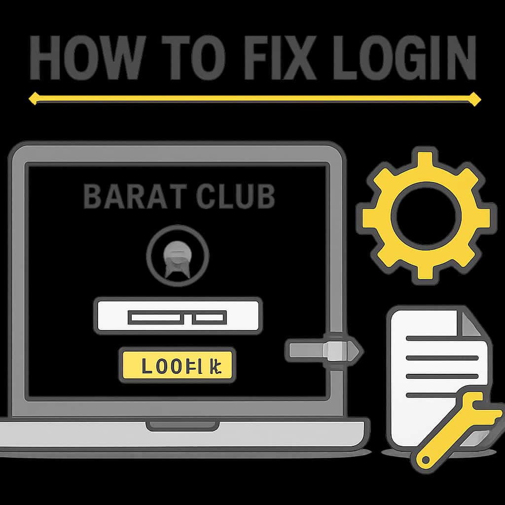 Illustration showing steps to troubleshoot login issues in Barat Club.